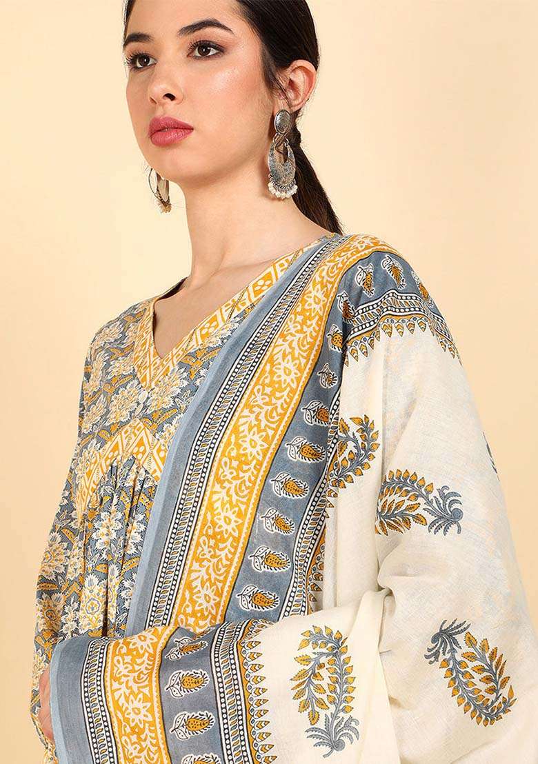 Yellow Printed Cotton A Line Kurta Set - Indya