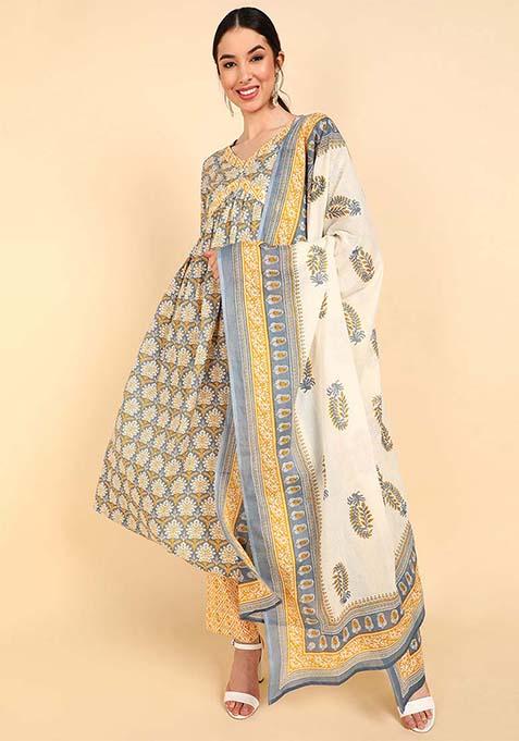 Yellow Printed Cotton Kurta Set