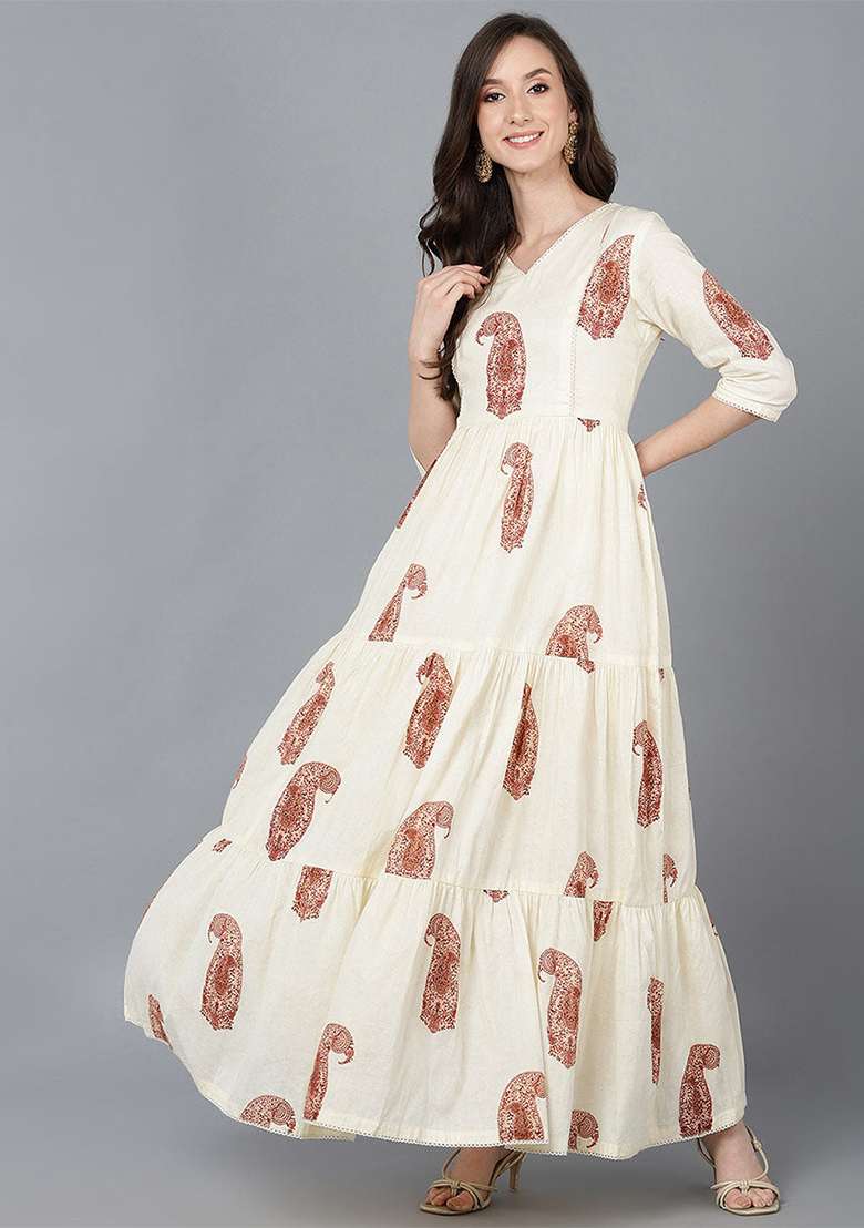Cream Solid Cotton Dress - Indya