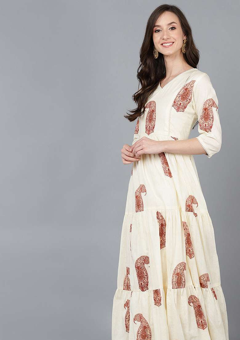 Cream Solid Cotton Dress - Indya