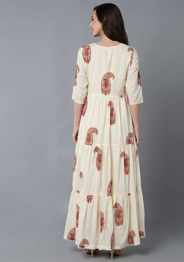 Cream Solid Cotton Dress - Indya