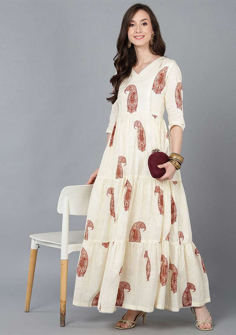 Cream Solid Cotton Dress - Indya