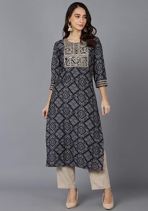 Navy Blue Embroidered Silk Kurta