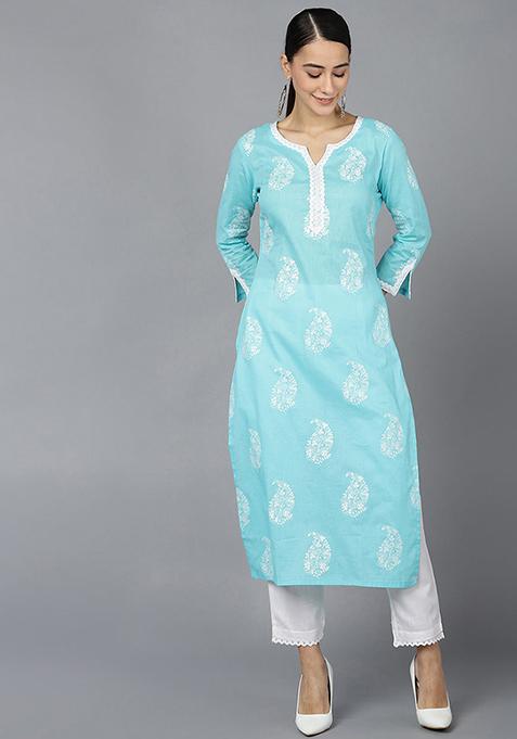 Blue Printed Cotton Kurta