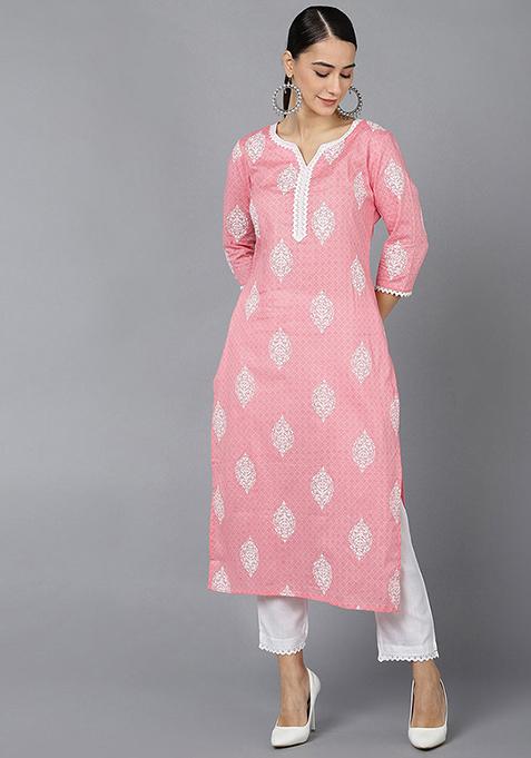 Pink Printed Cotton Kurta