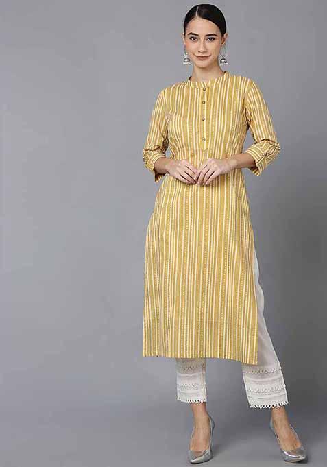 Mustard Printed Cotton Kurta