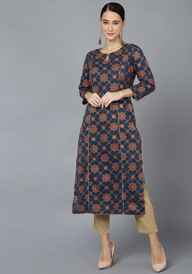 Navy Blue Printed Cotton Straight Kurta Set - Indya