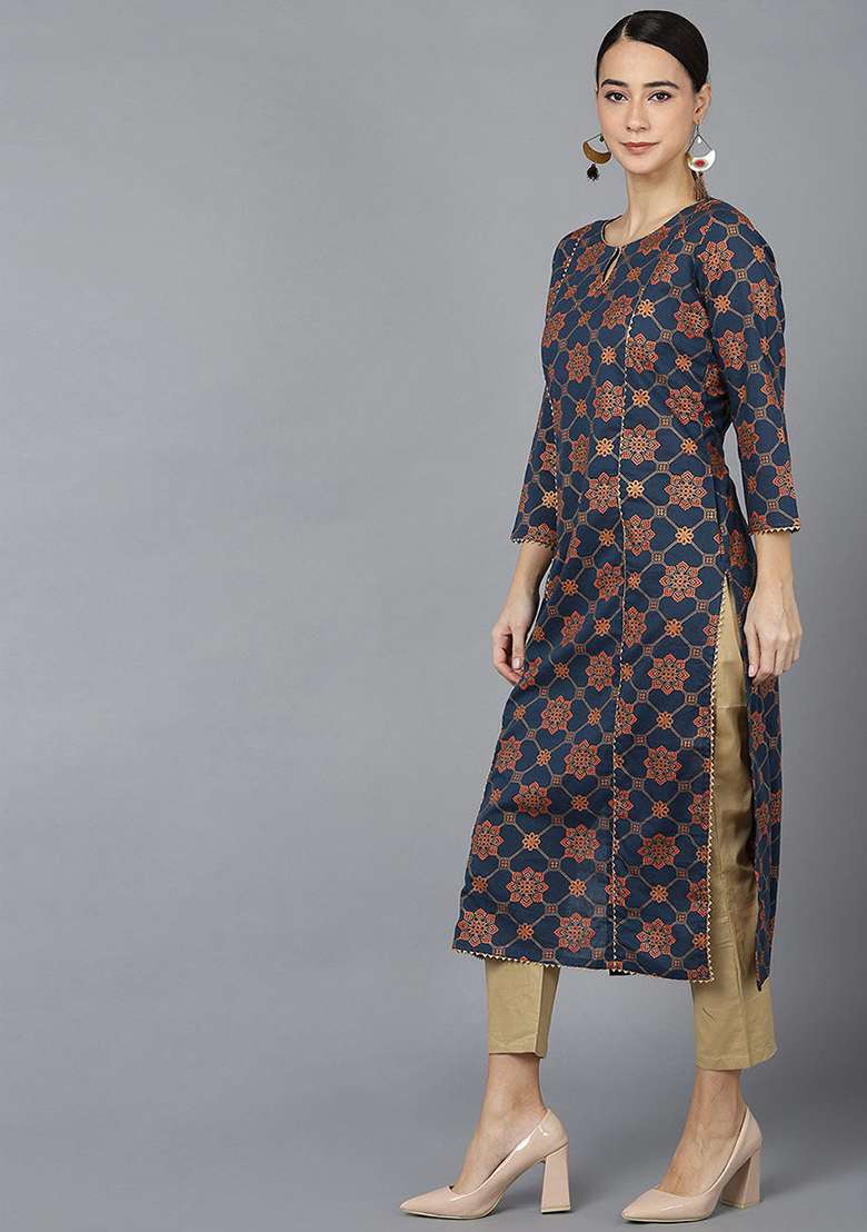 Navy Blue Printed Cotton Straight Kurta Set - Indya