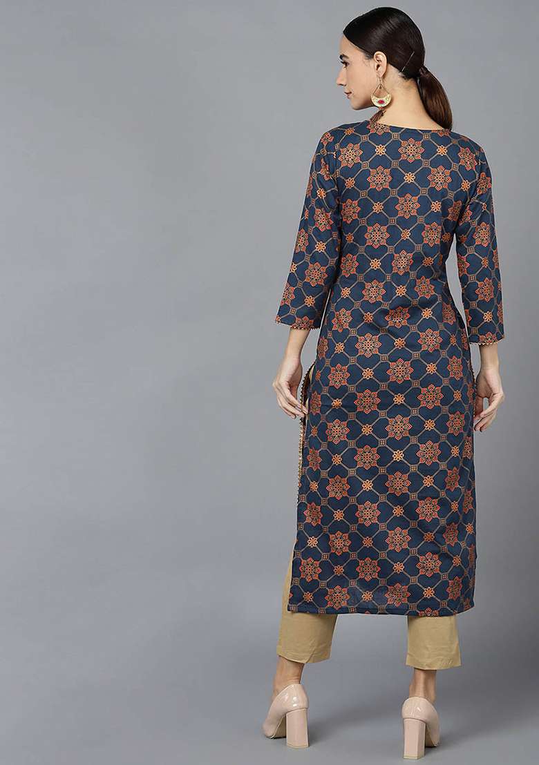 Navy Blue Printed Cotton Straight Kurta Set - Indya