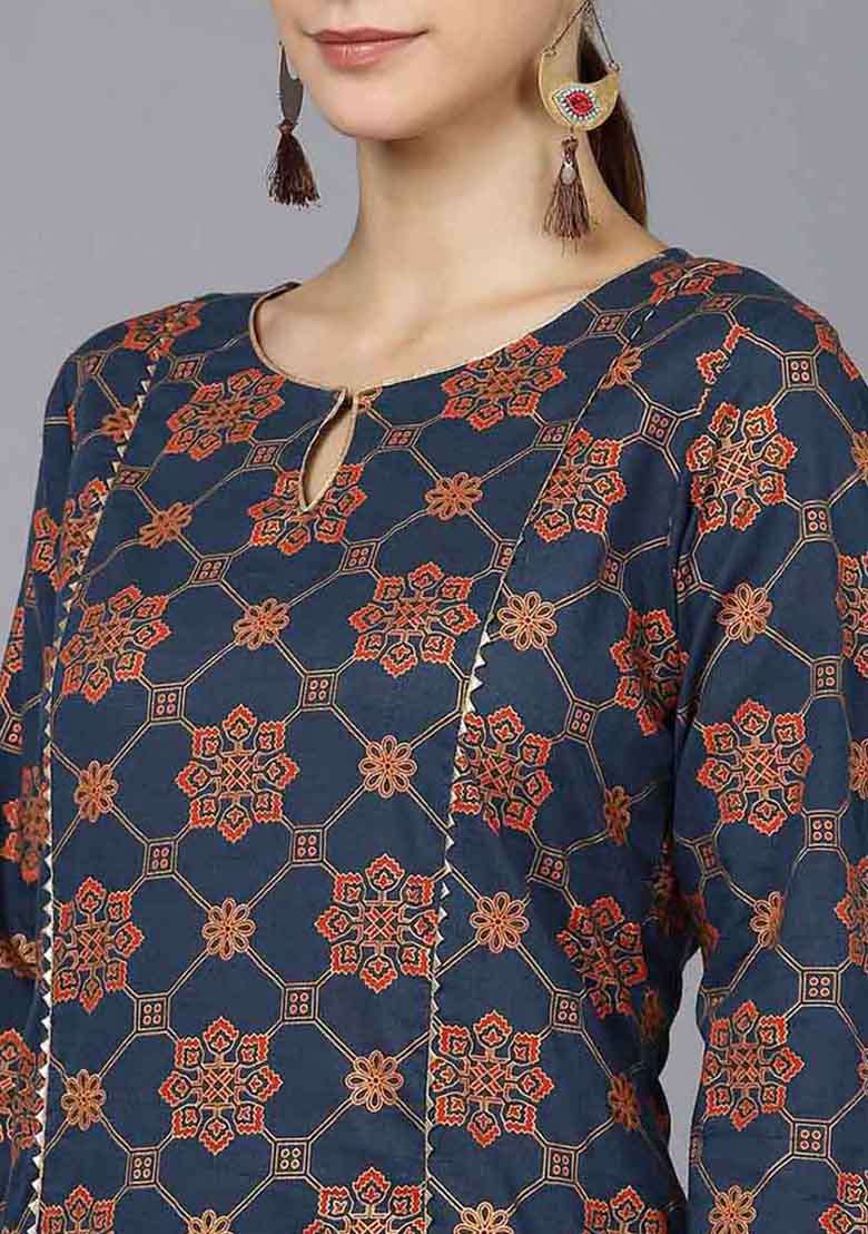 Navy Blue Printed Cotton Straight Kurta Set - Indya