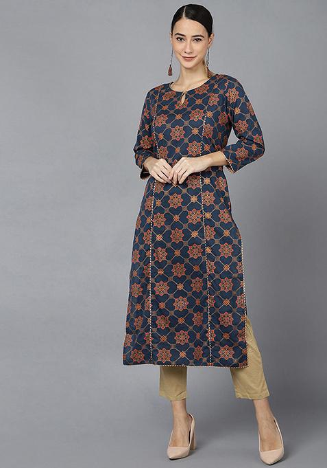 Navy Blue Printed Cotton Kurta