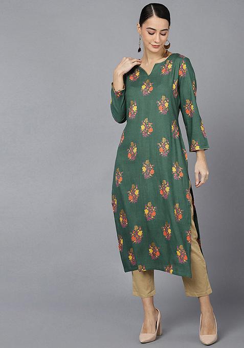 Green Printed Cotton Kurta