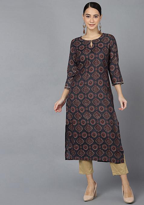 Black Printed Poly Silk Kurta