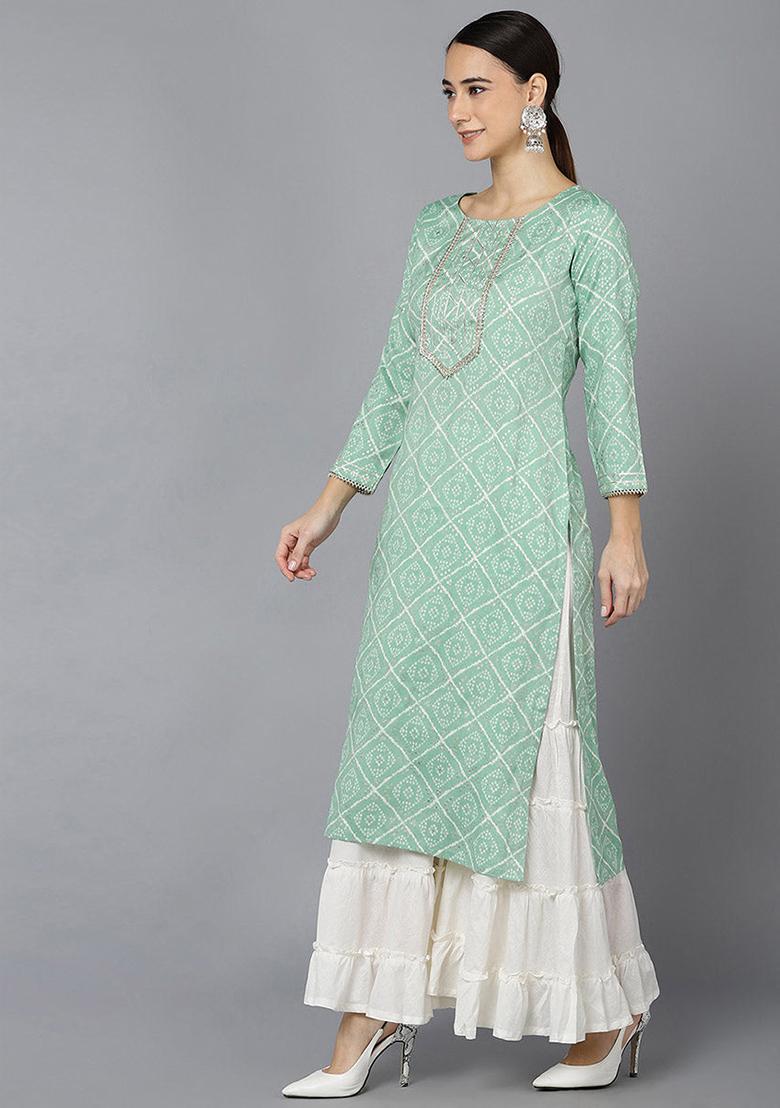 Sea Green Printed Rayon Blend Kurta