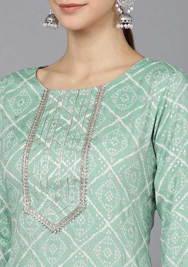 Sea Green Printed Rayon Blend Kurta