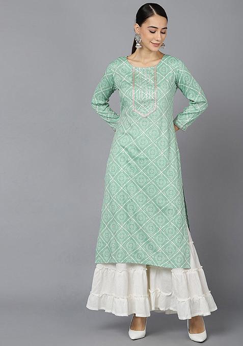 Sea Green Printed Rayon Blend Kurta