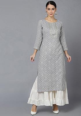 Grey Printed Rayon Blend Kurta