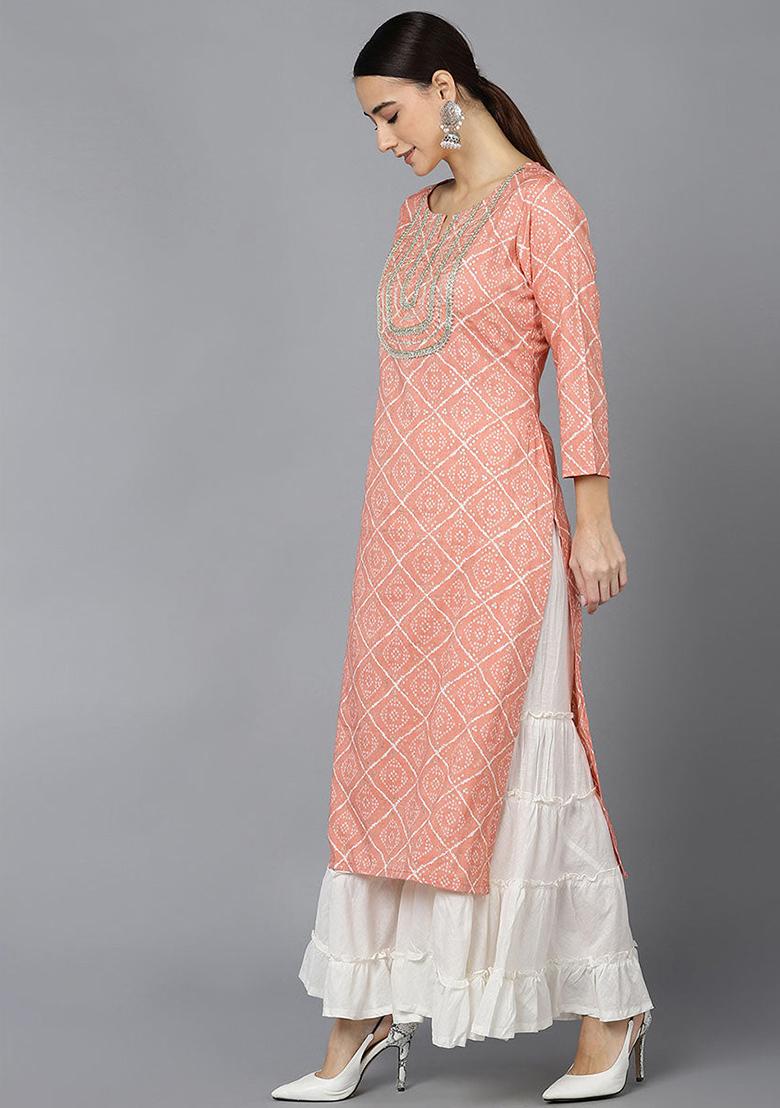 Peach Printed Rayon Blend Kurta