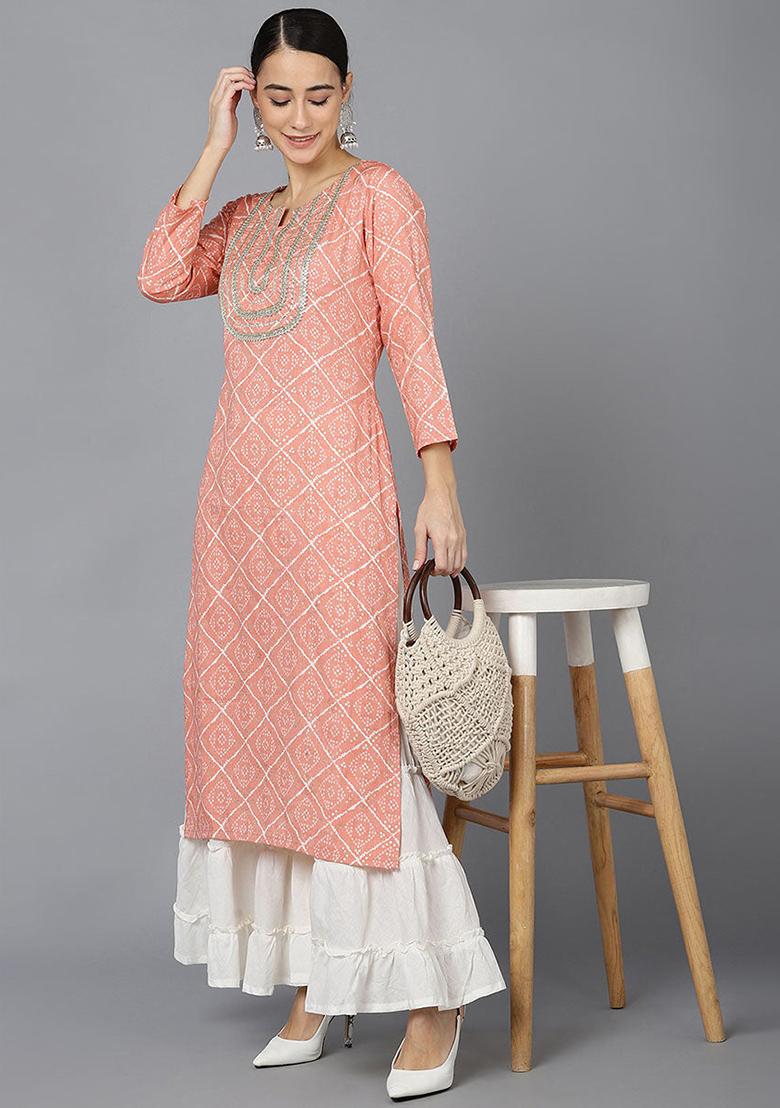 Peach Printed Rayon Blend Kurta