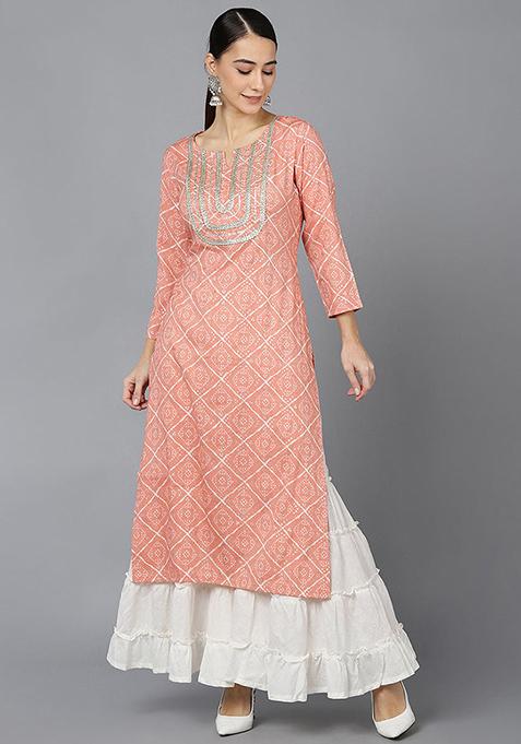 Peach Printed Rayon Blend Kurta