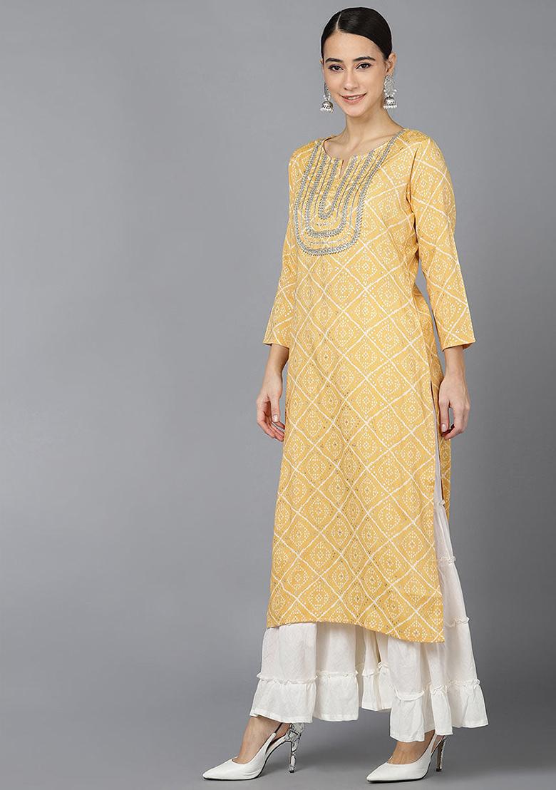 Yellow Printed Rayon Blend Kurta