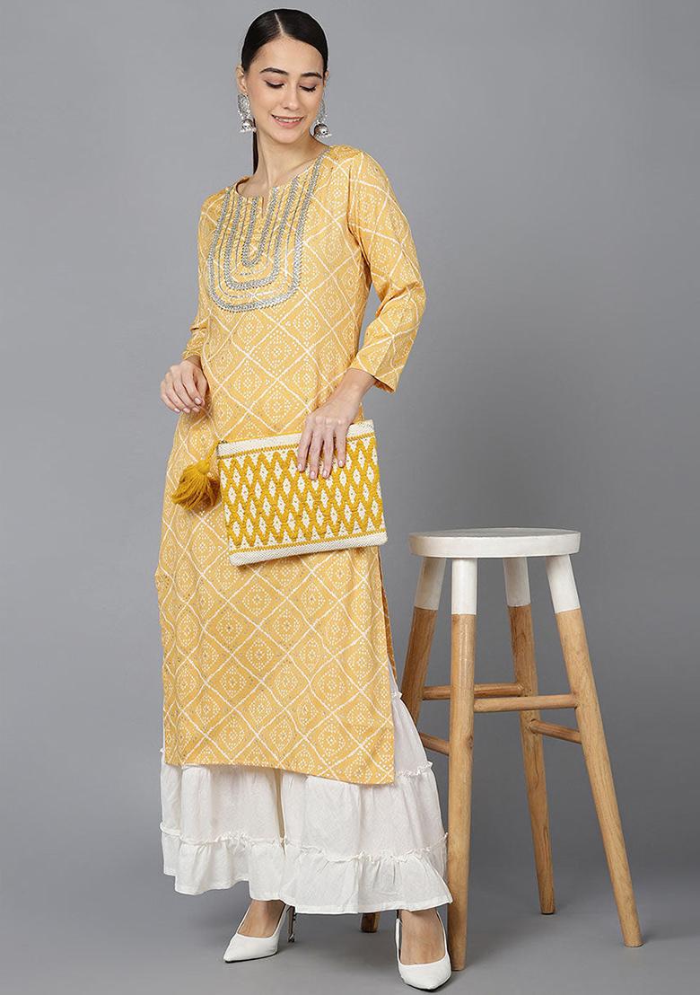 Yellow Printed Rayon Blend Kurta