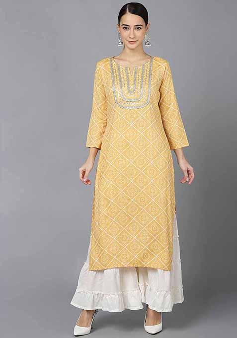 Yellow Printed Rayon Blend Kurta