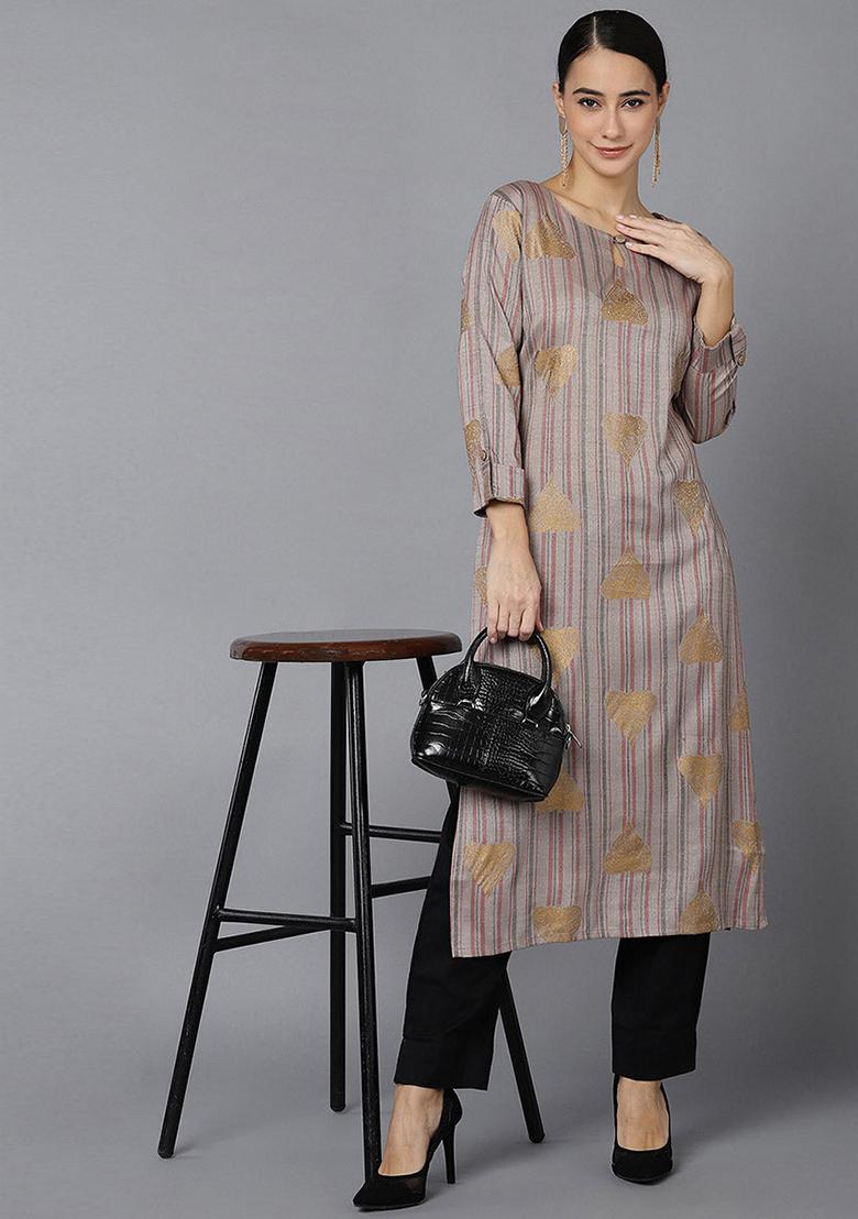 Grey Printed Cotton Kurta - Indya