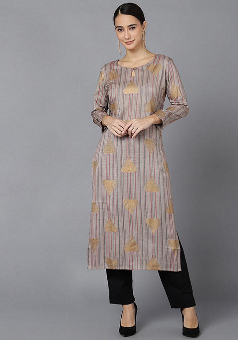 Grey Printed Cotton Kurta