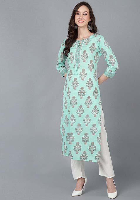 Sea Green Printed Cotton Kurta