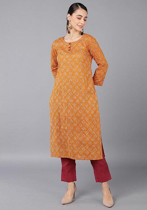 Orange Printed Cotton Kurta