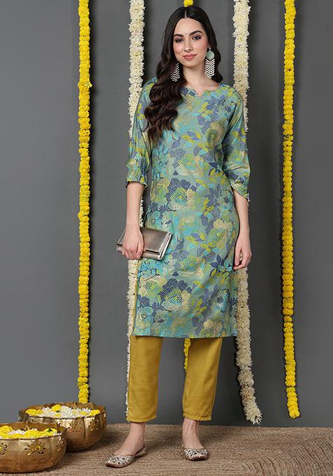 Green Printed Poly Silk Kurta