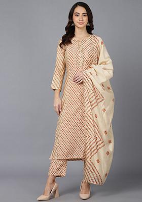 Cream Printed Poly Silk Kurta Set