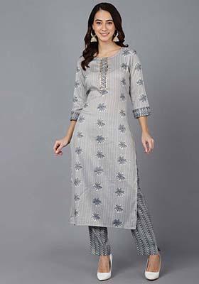 Grey Printed Cotton Blend Kurta Set