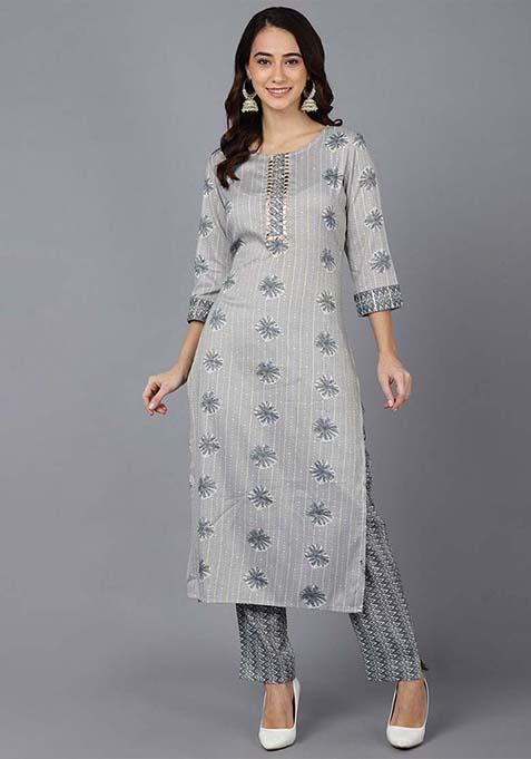Grey Printed Cotton Blend Kurta Set