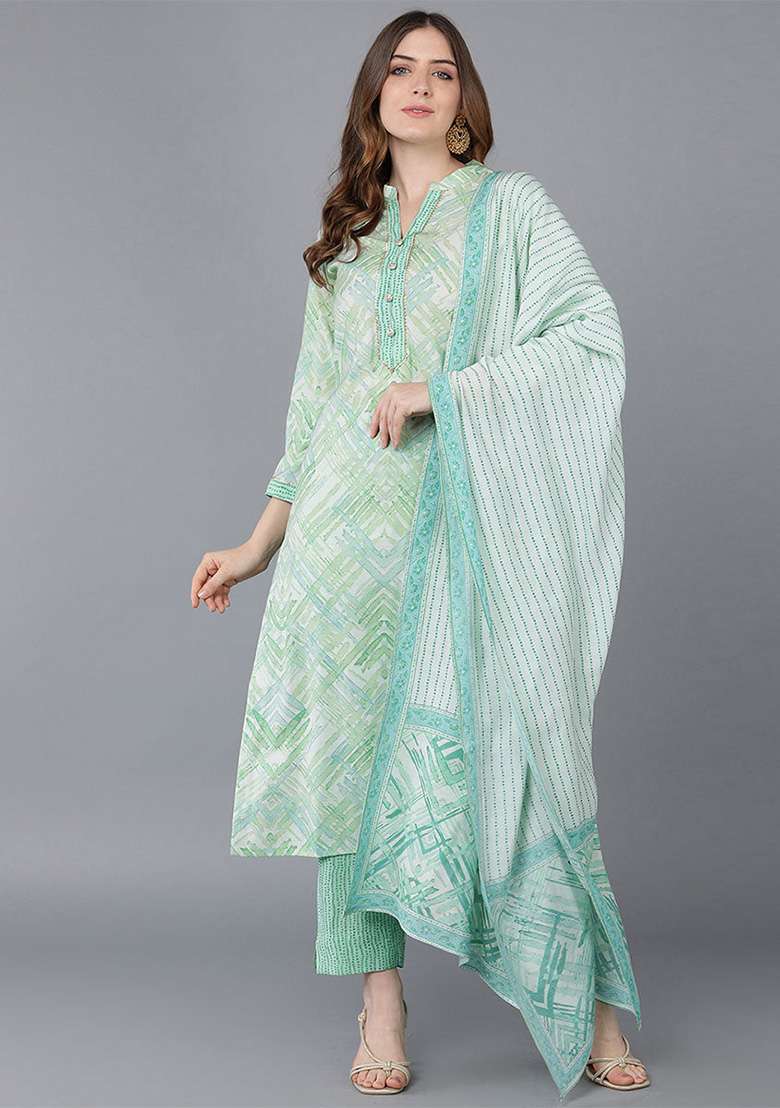 Sea Green Printed Silk Blend Straight Kurta Set - Indya