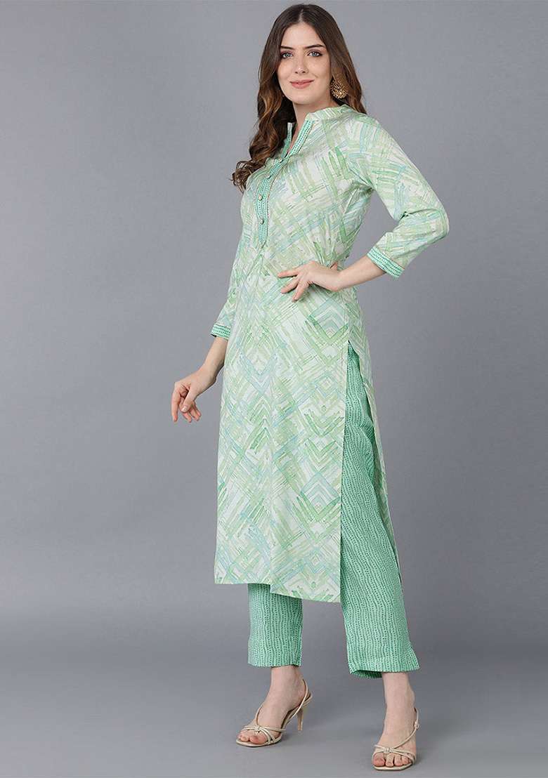 Sea Green Printed Silk Blend Straight Kurta Set - Indya