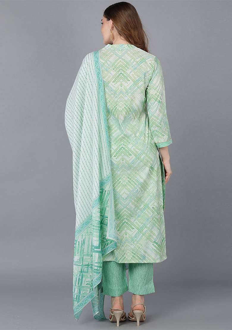 Sea Green Printed Silk Blend Straight Kurta Set - Indya