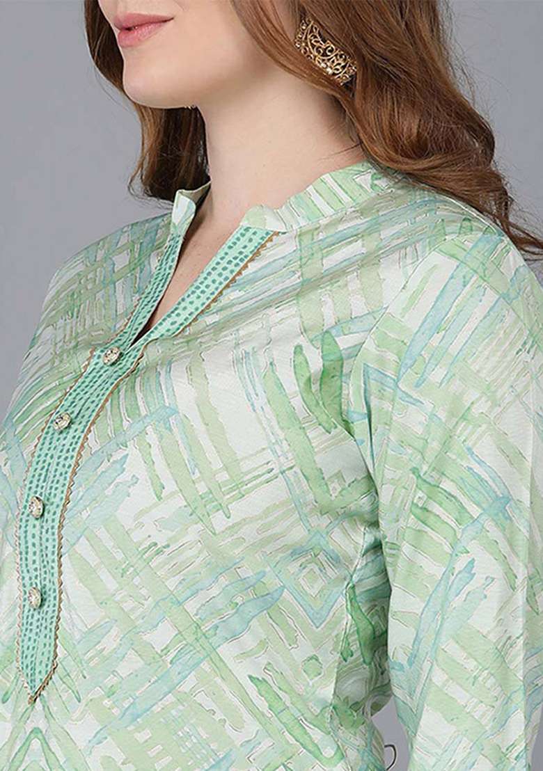 Sea Green Printed Silk Blend Straight Kurta Set - Indya