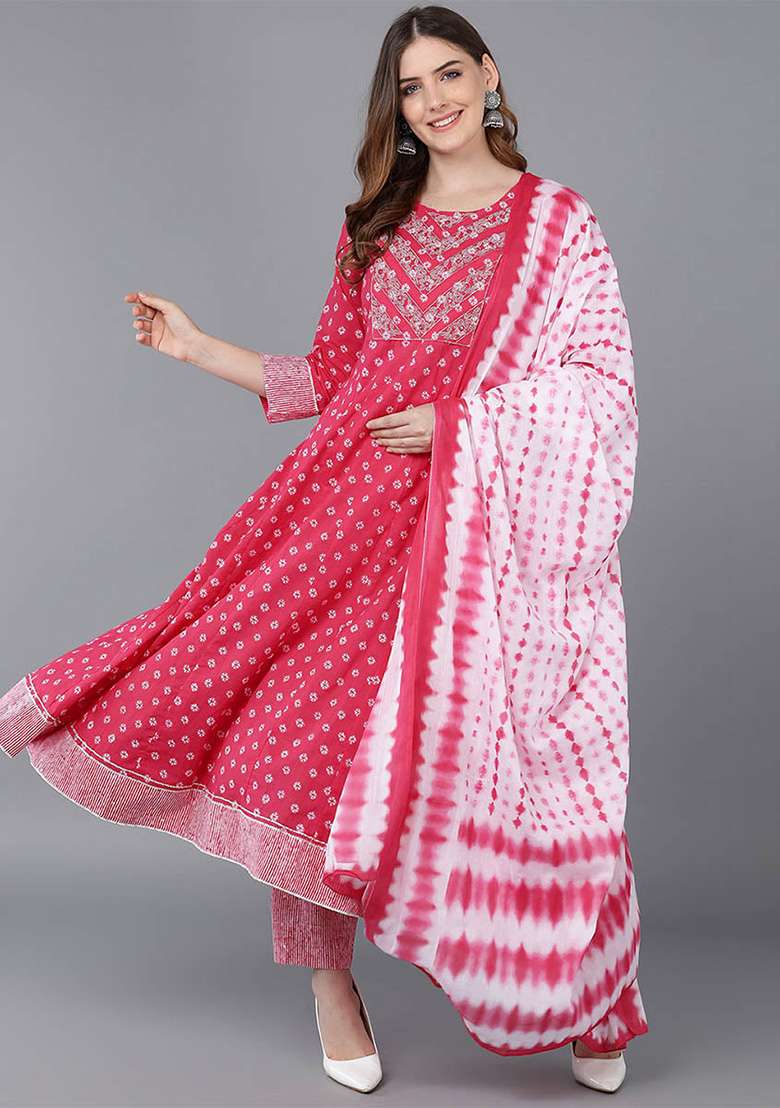 Pink Printed Cotton Anarkali Set - Indya