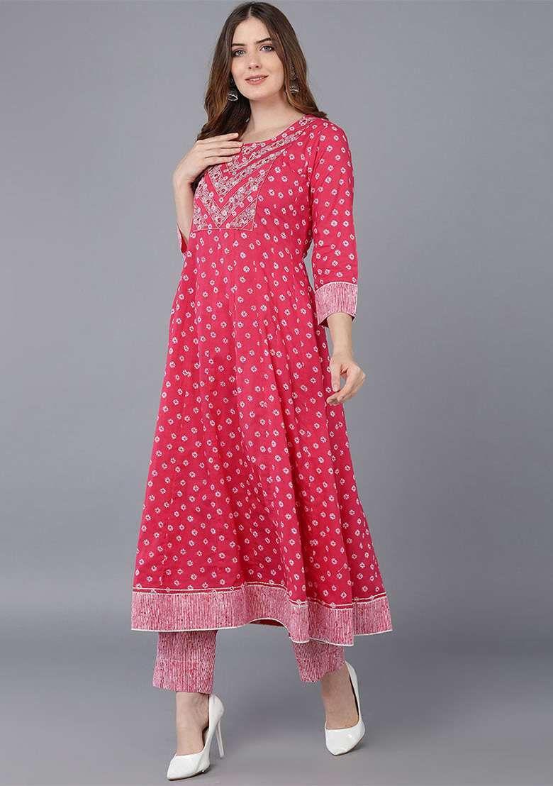 Pink Printed Cotton Anarkali Set - Indya