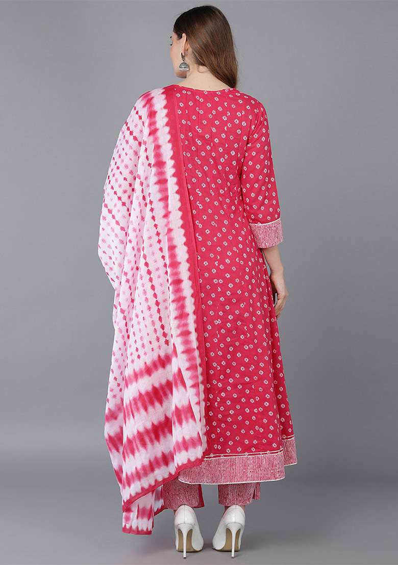 Pink Printed Cotton Anarkali Set - Indya
