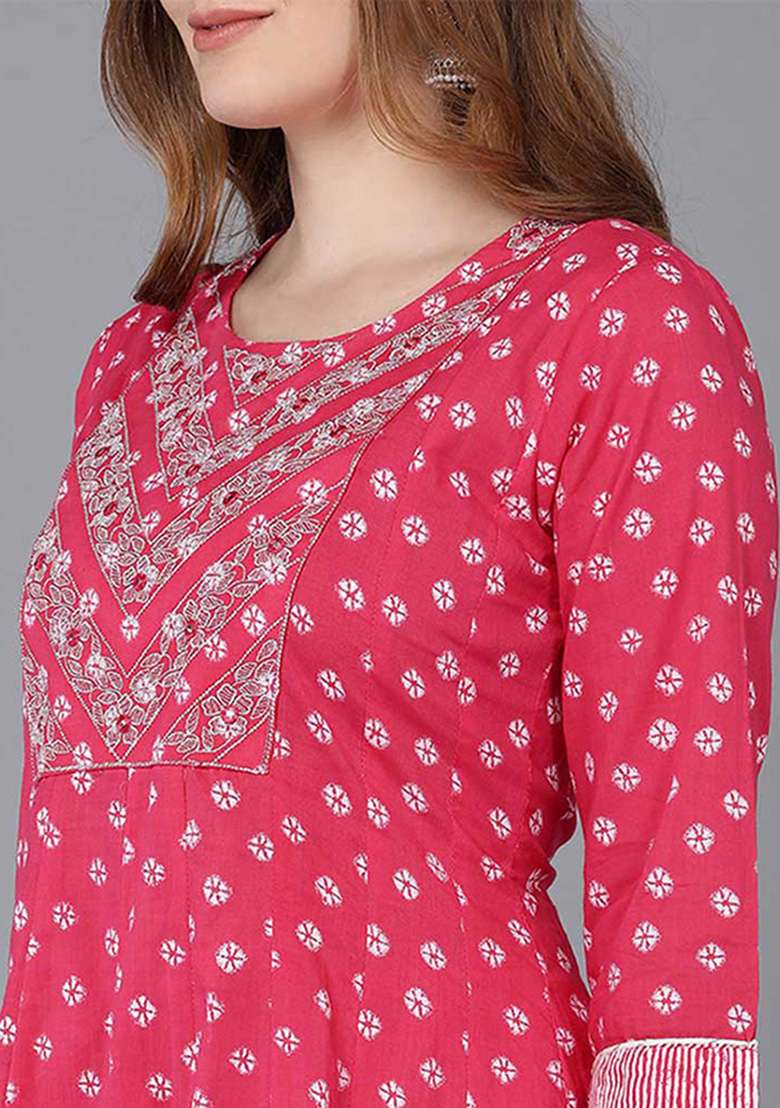 Pink Printed Cotton Anarkali Set - Indya