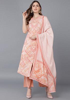 Nude Printed Poly Silk Kurta Set