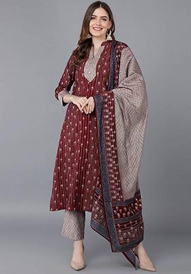 Burgundy Printed Poly Silk Kurta Set