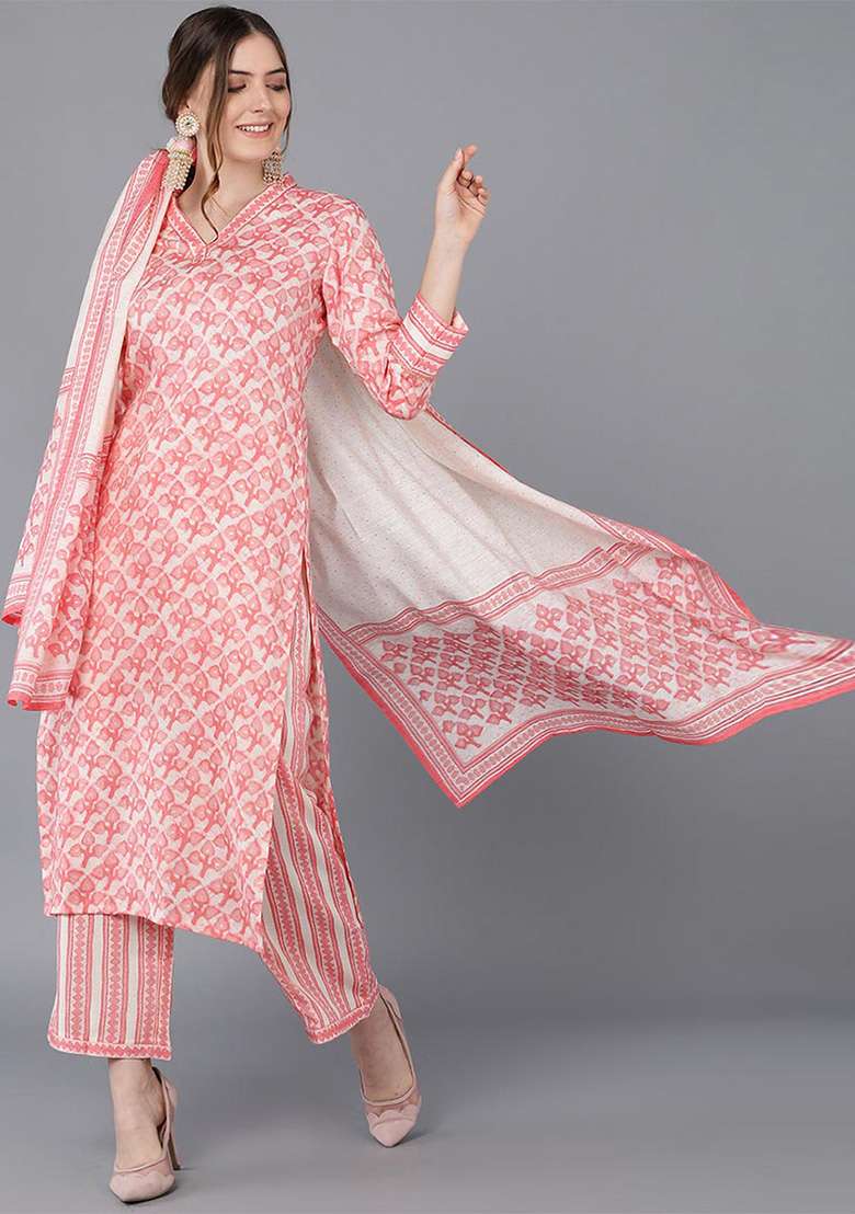 Peach Printed Blended Straight Kurta Set - Indya