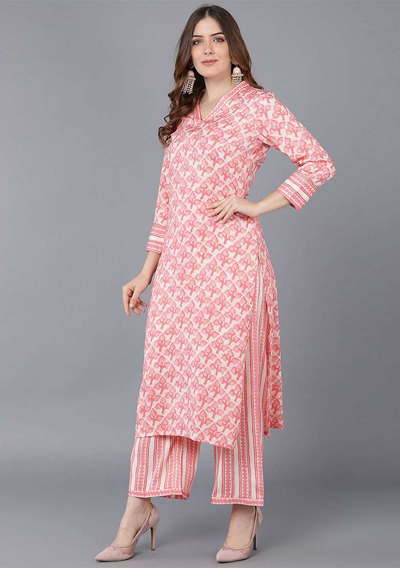 Peach Printed Blended Straight Kurta Set - Indya