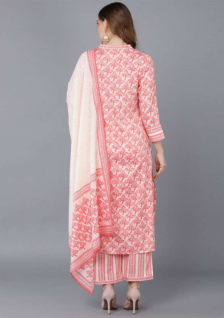 Peach Printed Blended Straight Kurta Set - Indya