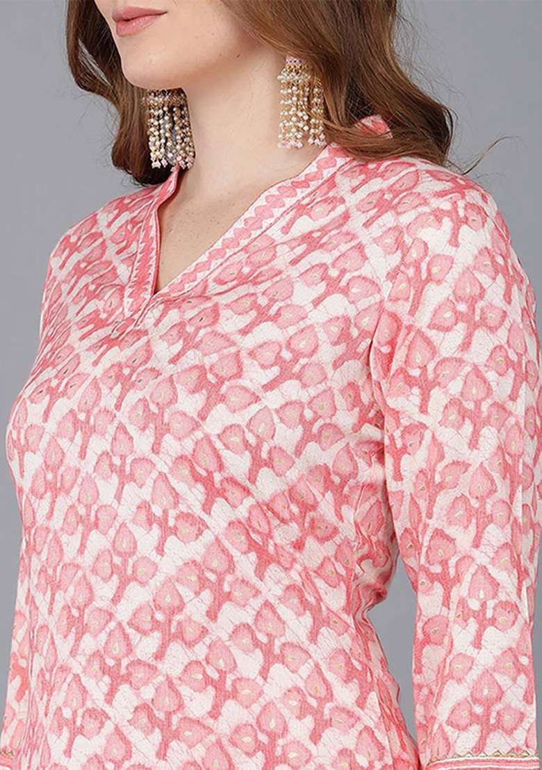 Peach Printed Blended Straight Kurta Set - Indya