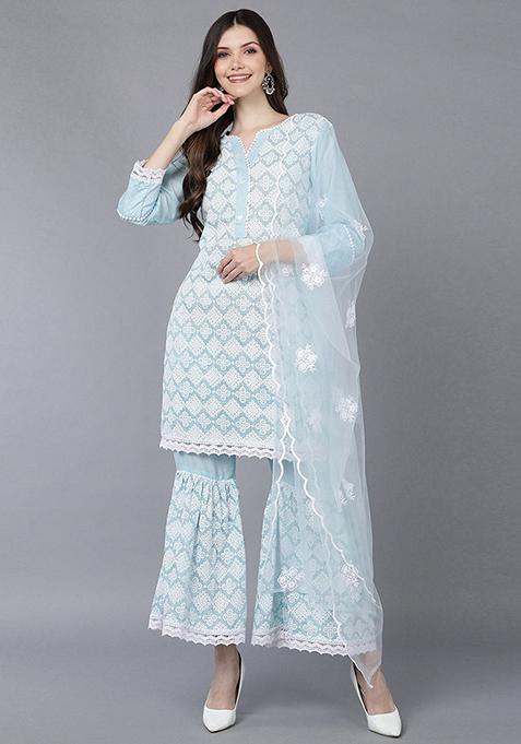 Blue Embroidered Poly Silk Kurta Set